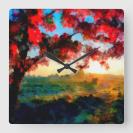 Reloj Cuadrado Red leaves glowing in sunset | Landscape Painting