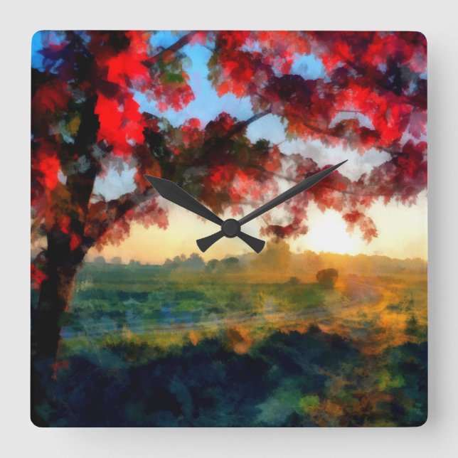 Reloj Cuadrado Red leaves glowing in sunset | Landscape Painting (Anverso)