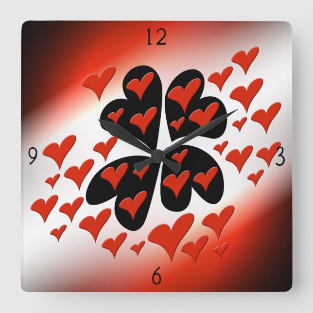 Reloj Cuadrado Red on Black Hearts Square Wall Clock (Anverso)