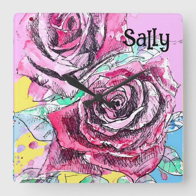 Reloj Cuadrado Red Rose Roses Watercolour Floral Flowers Flower (Anverso)