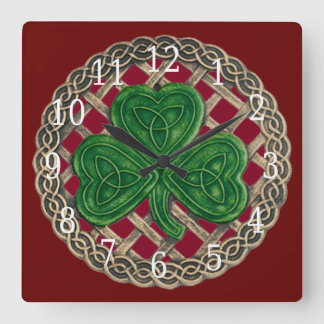 Reloj Cuadrado Red Shamrock And Celtic Knots Square Clock