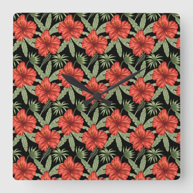 Reloj Cuadrado Red tropical flowers seamless pattern green leaves (Anverso)