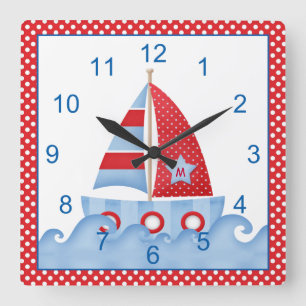 Reloj Cuadrado Red White Blue Sailboat Clock