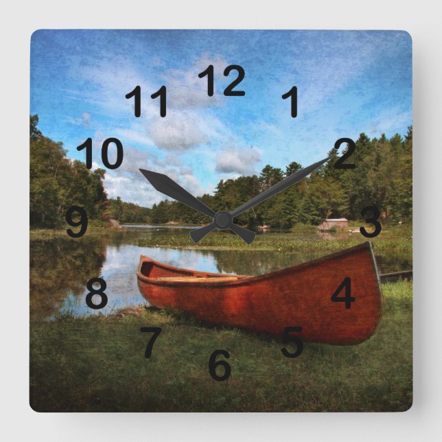 Reloj Cuadrado Red wooden canoe landscape (Anverso)