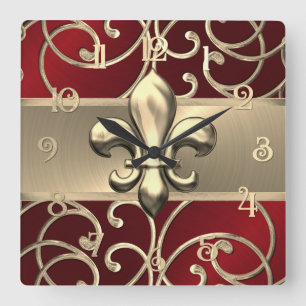 Reloj Cuadrado Red y Gold Filigree Swirls Fleur de Lis