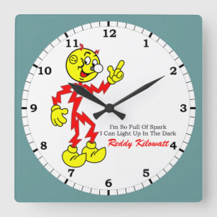 Reloj Cuadrado Reddy Kilowatt señala, lleno de chispa
