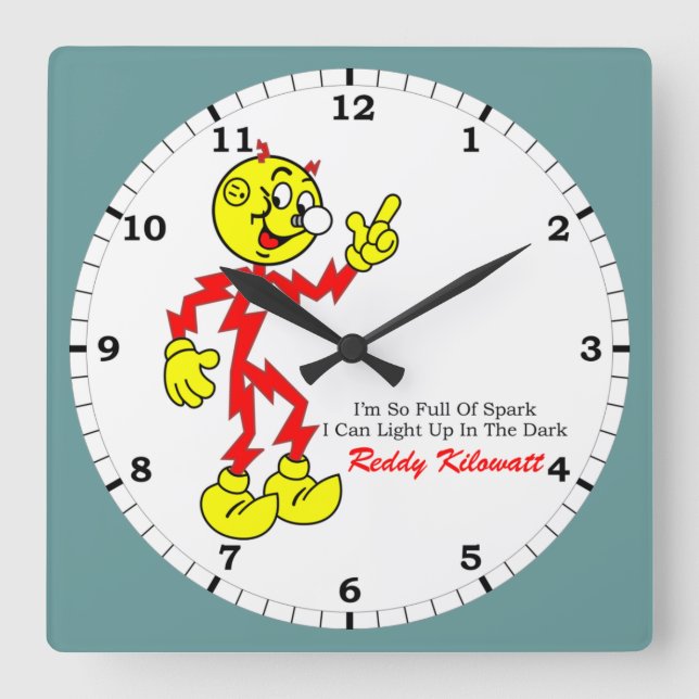 Reloj Cuadrado Reddy Kilowatt señala, lleno de chispas (Anverso)