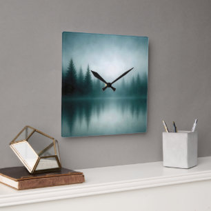 Reloj Cuadrado Reflejo de pino brumoso en el agua del lago