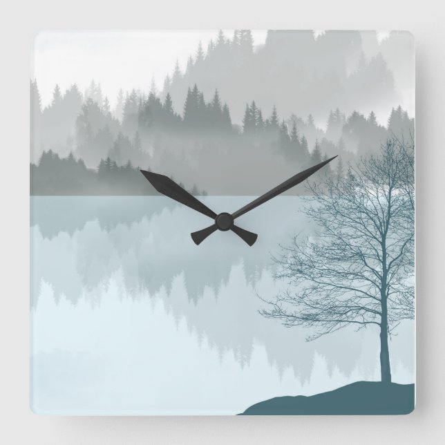 Reloj Cuadrado Reflejo paisajístico Lago Trees Verde (Anverso)