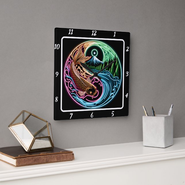 Reloj Cuadrado Reflexión del pez dorado de Neon Radiant Koi (Oficina)