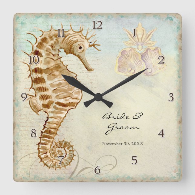 Reloj Cuadrado Regalo Boda personalizado de Sea Horse Coastal Bea (Anverso)