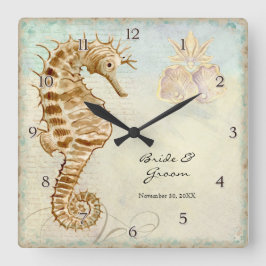 Reloj Cuadrado Regalo Boda personalizado de Sea Horse Coastal Bea