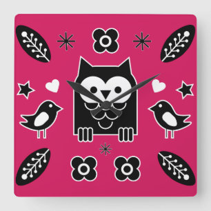 Reloj Cuadrado Regalo de arte folclórico de búho escandinavo