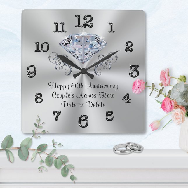 Reloj Cuadrado Regalo del 60° aniversario del Boda Cristiano (60th Anniversary Gift Ideas for Parents, Grandparents, Friends and Family. Custom, Diamond Clock. )