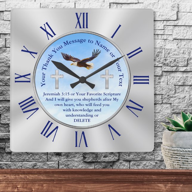 Reloj Cuadrado Regalos cristianos personalizados para pastores cr (Appreciation gifts for church leaders. Scripture, Christian wall clock. Gifts for pastors. Eagle.)