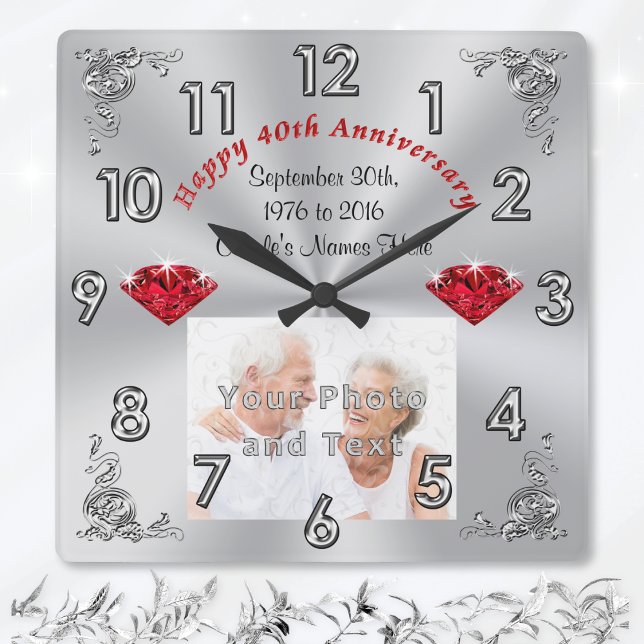 Reloj Cuadrado Regalos de 40º aniversario de tu FOTO y TEXTO (40th wedding anniversary gifts for parents. 40th anniversary wedding gifts. Ruby anniversary gifts.)