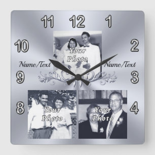 Reloj Cuadrado Regalos de aniversario con imágenes y texto o borr