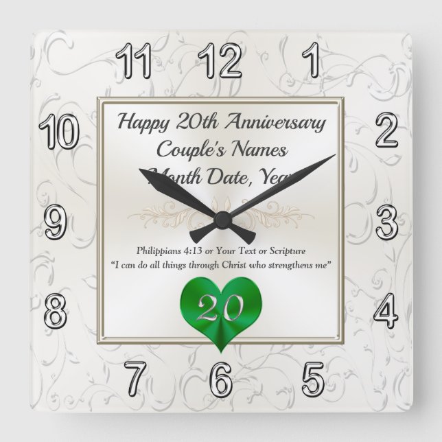 Reloj Cuadrado Regalos de aniversario por 20 años de matrimonio,  (Anverso)