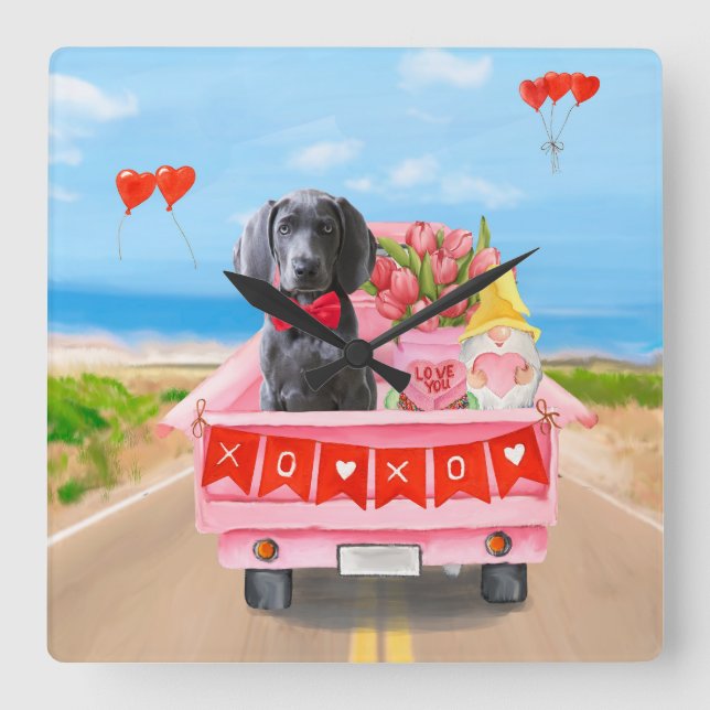 Reloj Cuadrado Regalos de San Valentín para perros Weimaraner Cam (Anverso)