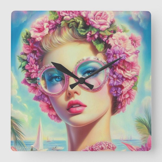 Reloj Cuadrado Reina del glamour tropical (Anverso)