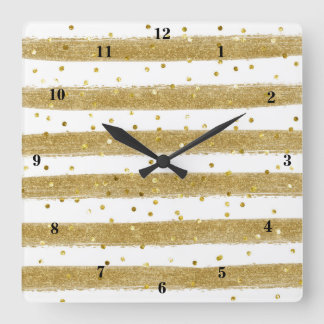Reloj Cuadrado Relieve metalizado dorado moderno, blanco, rayas, 