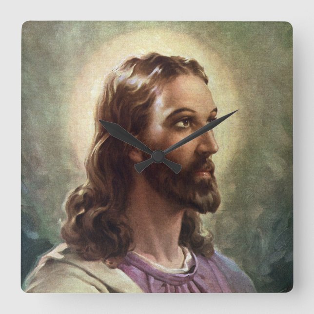 Reloj Cuadrado Religioso vintage, retrato de Jesucristo con Halo (Anverso)