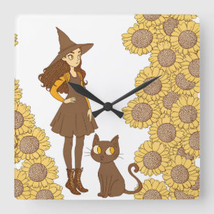Reloj Cuadrado "Reloj de pared de girasoles de bruja caprichosa y