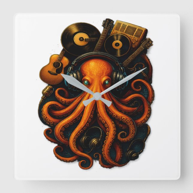 Reloj Cuadrado "Reloj de pared de música Octopus - Decoración de  (Anverso)