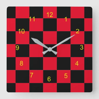 Reloj Cuadrado Reloj: tablero de cheques rojo y negro