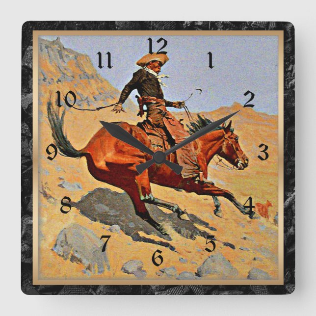 Reloj Cuadrado Remington: El cowboy, el arte cowboy estadounidens (Anverso)