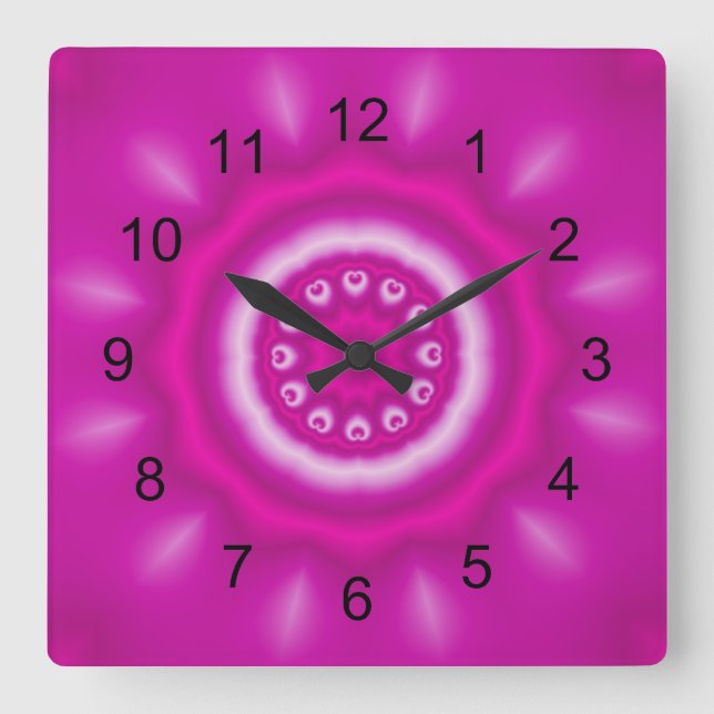Reloj Cuadrado Remolinos blancos, círculo y líneas con rosa (Anverso)