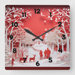 Reloj Cuadrado Renos 3D y personas en las aldeas