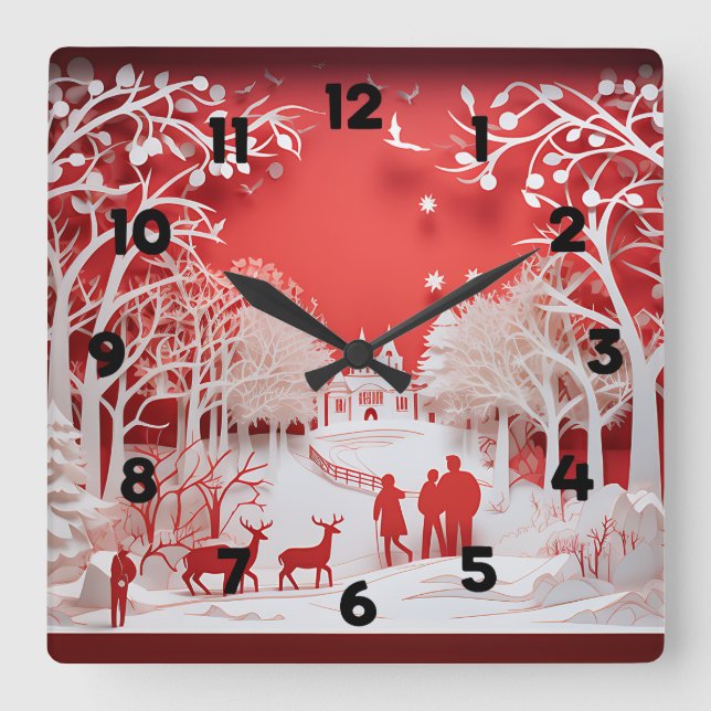 Reloj Cuadrado Renos 3D y personas en las aldeas (Anverso)