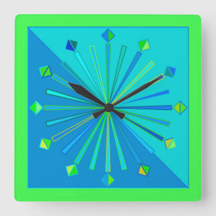 Reloj Cuadrado Resplandor solar, turquesa y verde lima