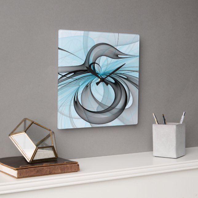 Reloj Cuadrado Resumen Antracita Gris Azul azul arte fractal mode (Oficina)