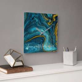 Reloj Cuadrado Resumen Art Blue Green Gold Marble