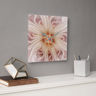 Reloj Cuadrado Resumen Arte Fractal Peach Pastel Moderno