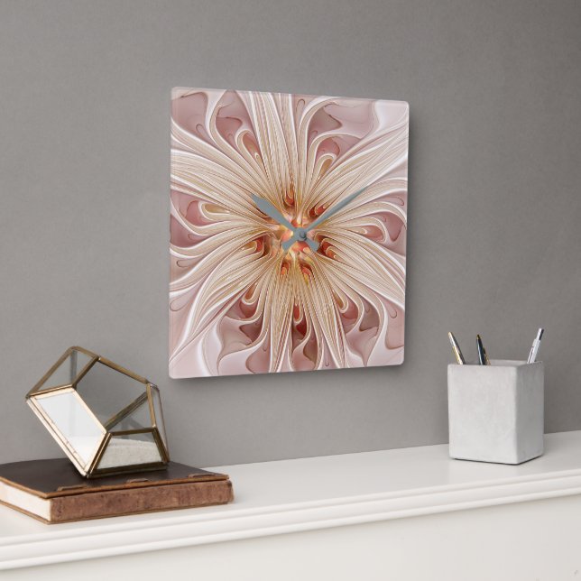 Reloj Cuadrado Resumen Arte Fractal Peach Pastel Moderno (Oficina)
