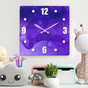 Reloj Cuadrado Resumen de color morado con estrellas de Purpurina