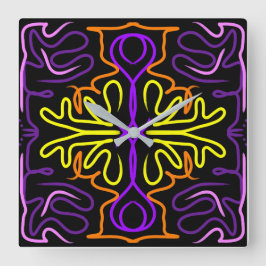 Reloj Cuadrado Resumen de diseño morado, amarillo, naranja y rosa