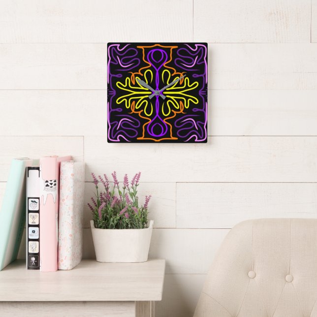 Reloj Cuadrado Resumen de diseño morado, amarillo, naranja y rosa (Sala de lectura)