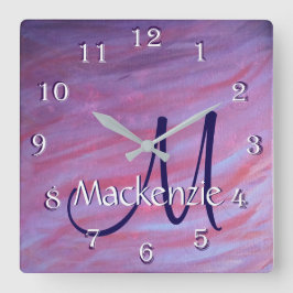 Reloj Cuadrado Resumen de Girly Zebra | Monograma morado rosado