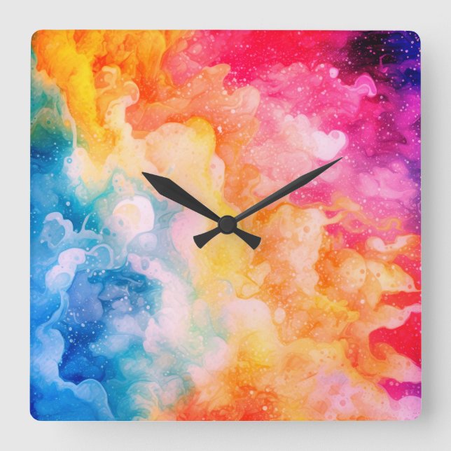 Reloj Cuadrado Resumen de la acuarela de nubes de arcoiris pintad (Anverso)