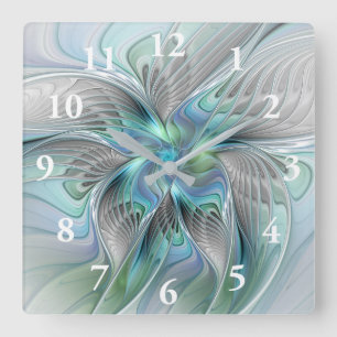 Reloj Cuadrado Resumen de mariposa azul verde azul Fantasía arte