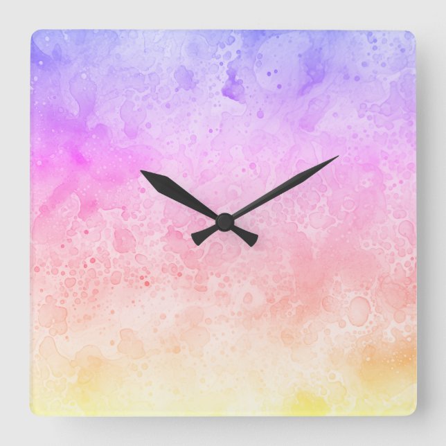 Reloj Cuadrado Resumen de nubes de arcoiris con acuarela líquida (Anverso)