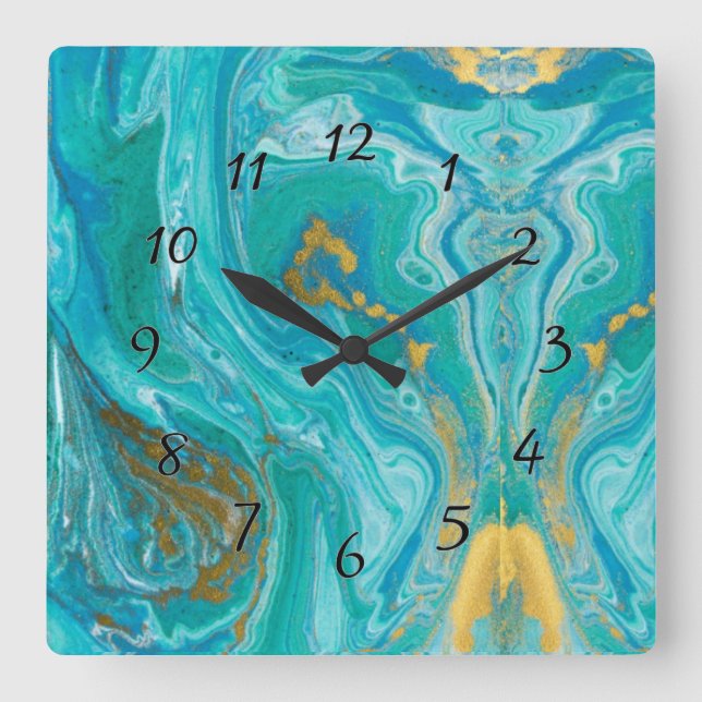 Reloj Cuadrado Resumen de oro de mármol turquesa (Anverso)