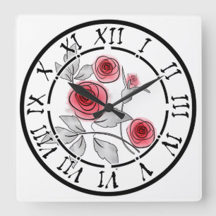 Reloj Cuadrado Resumen de rosas modernos floridos gris floral bla