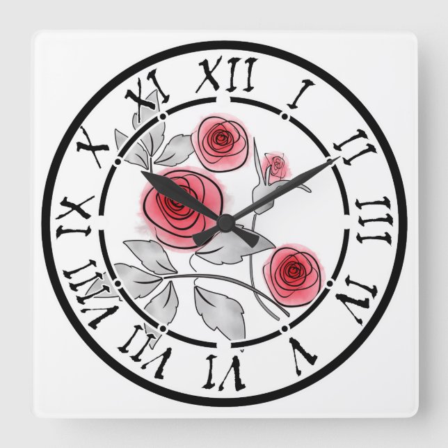Reloj Cuadrado Resumen de rosas modernos floridos gris floral bla (Anverso)
