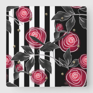 Reloj Cuadrado Resumen de rosas rojas modernas hojas esbozadas