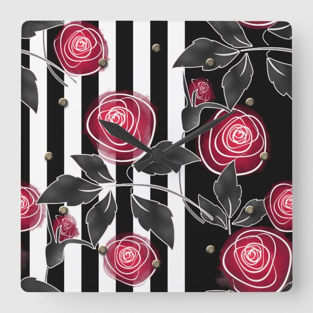 Reloj Cuadrado Resumen de rosas rojas modernas hojas esbozadas (Anverso)